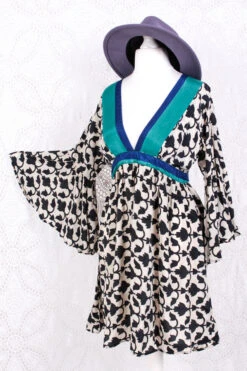 Pansy Mini Dress - Indian Sari - Circular Flounce Sleeve - Cream, Ink Black & Blue Floral Tile Print - Free Size S/M