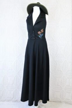 70's Vintage Dress - Midnight Black With Floral Embroidery - Size S