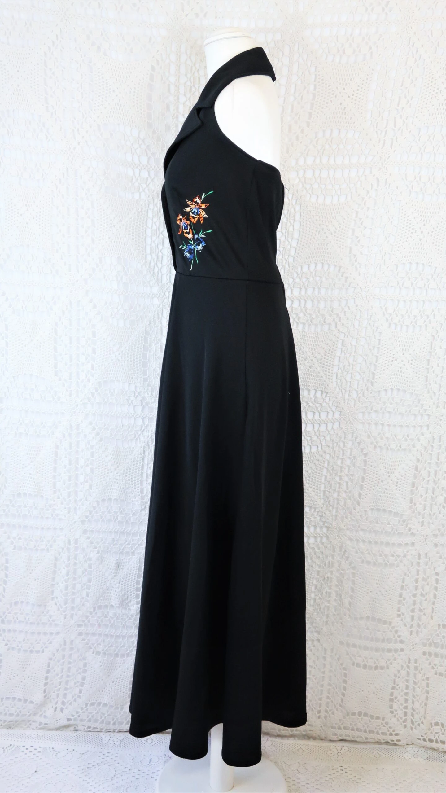 70's Vintage Dress - Midnight Black With Floral Embroidery - Size S 4 70's Vintage Dress - Midnight Black With Floral Embroidery - Size S - Image 4