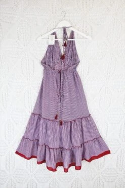 Cherry Mini Halter Dress - Red & Blue Zig-Zag Vintage Sari (Free Size) -KIKIS Clothing Shop IMG 3839 13bb075a 8ad6 45e8 acd0 744252348041