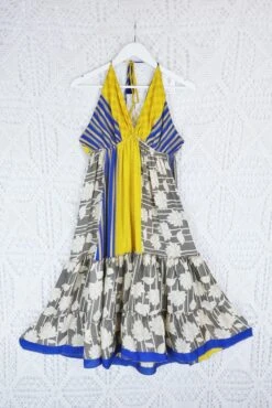 Cherry Mini Halter Dress - Grey, Blue & Lemon Floral Vintage Sari (Free Size)
