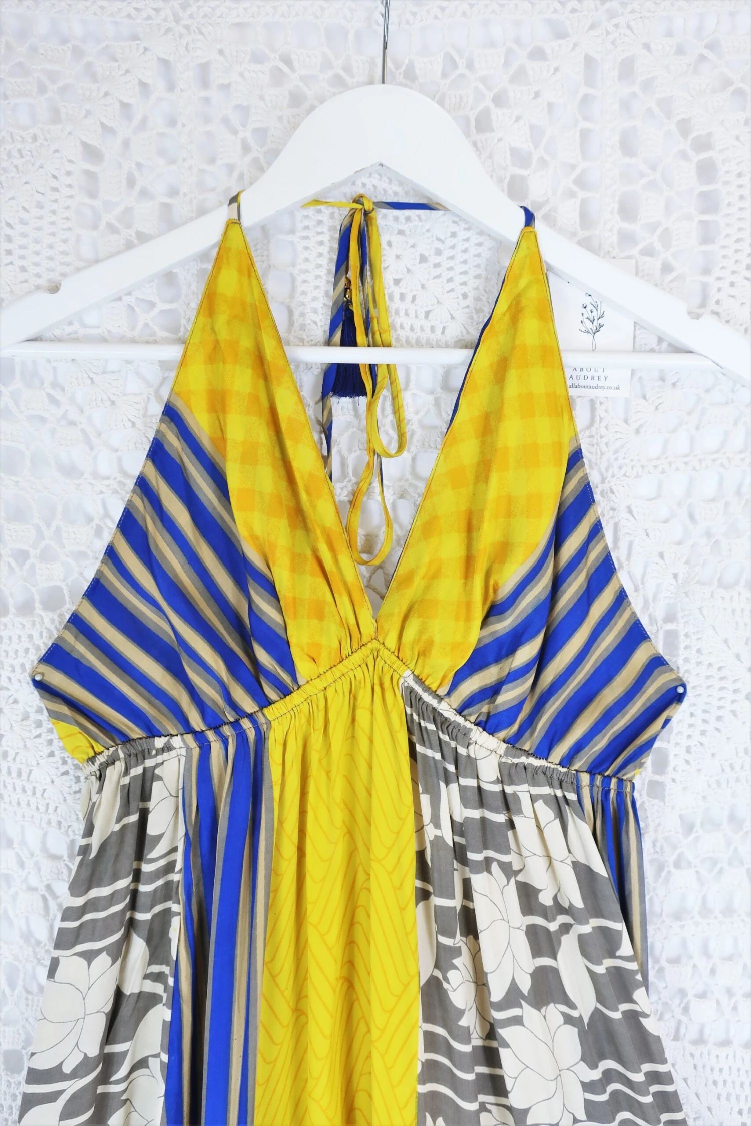 Cherry Mini Halter Dress - Grey, Blue & Lemon Floral Vintage Sari (Free Size) 2 Cherry Mini Halter Dress - Grey, Blue & Lemon Floral Vintage Sari (Free Size) - Image 2