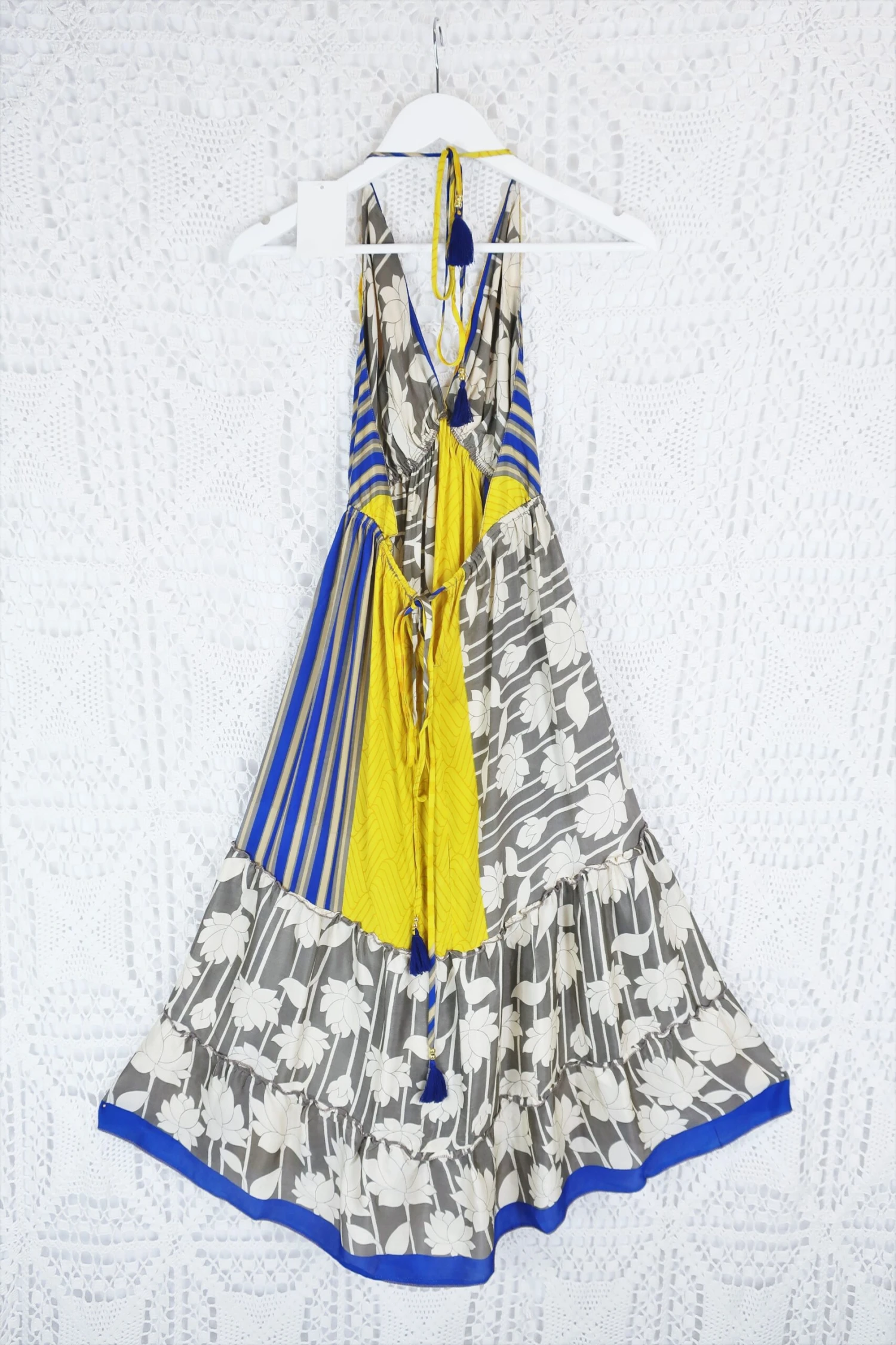 Cherry Mini Halter Dress - Grey, Blue & Lemon Floral Vintage Sari (Free Size) 3 Cherry Mini Halter Dress - Grey, Blue & Lemon Floral Vintage Sari (Free Size) - Image 3