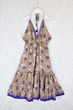 Cherry Mini Halter Dress - Lilac & Gold Paisley Vintage Sari (Free Size)