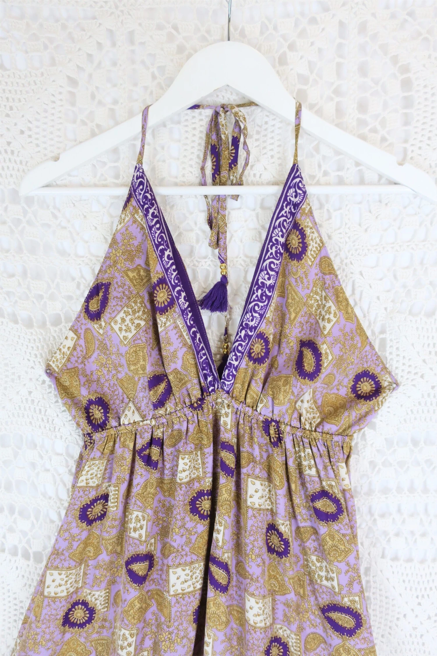 Cherry Mini Halter Dress - Lilac & Gold Paisley Vintage Sari (Free Size) 2 Cherry Mini Halter Dress - Lilac & Gold Paisley Vintage Sari (Free Size) - Image 2