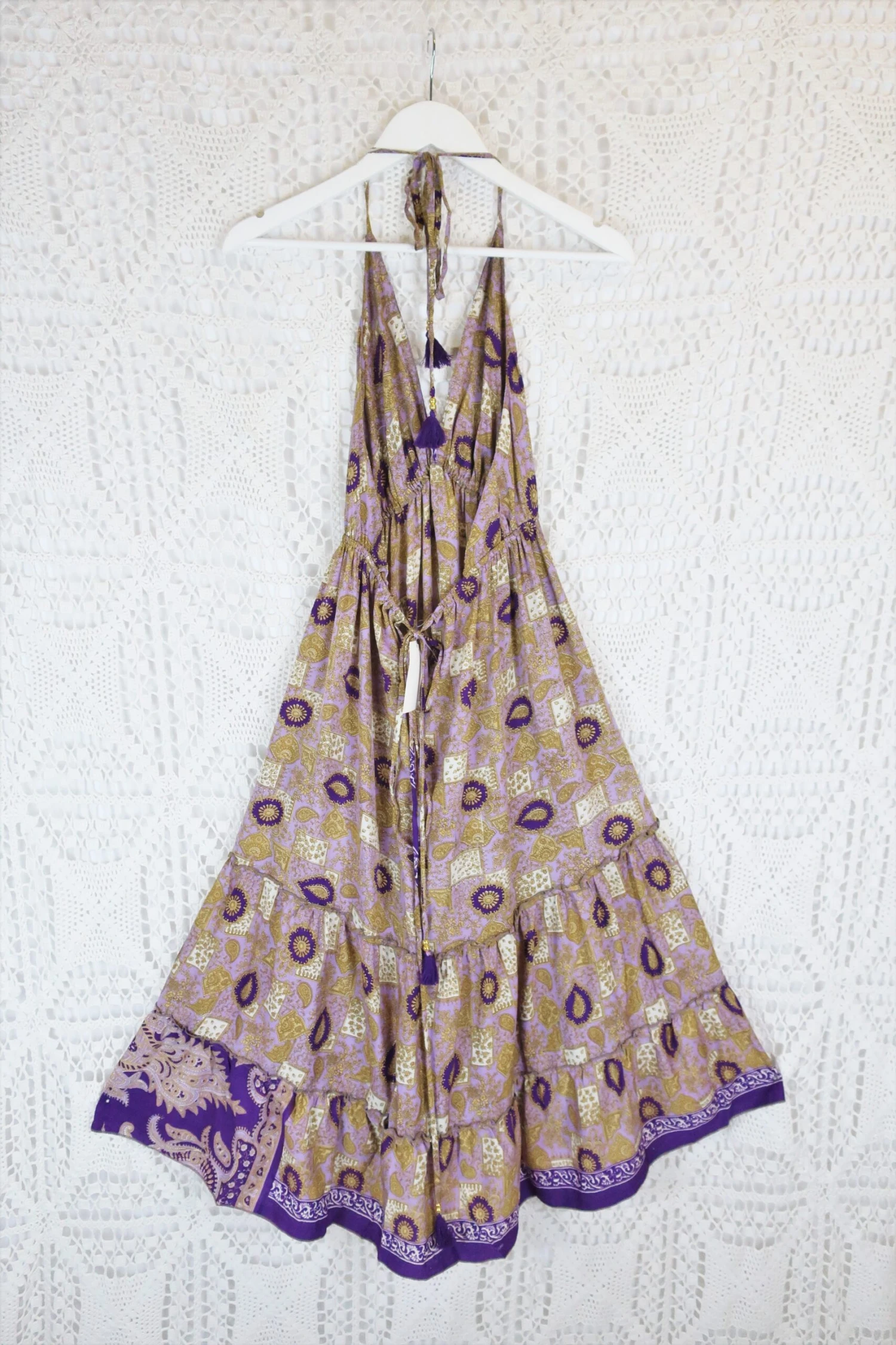 Cherry Mini Halter Dress - Lilac & Gold Paisley Vintage Sari (Free Size) 3 Cherry Mini Halter Dress - Lilac & Gold Paisley Vintage Sari (Free Size) - Image 3