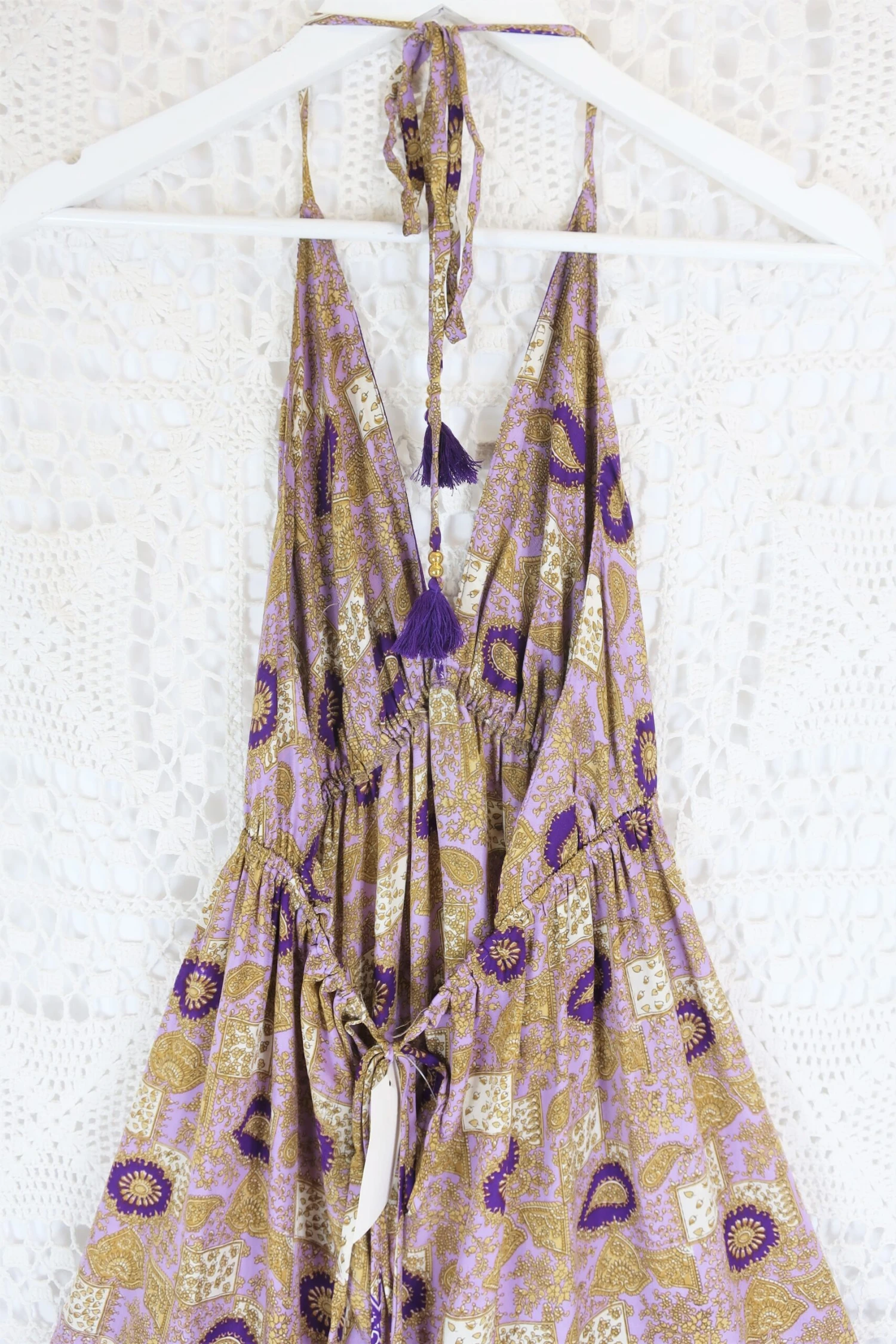 Cherry Mini Halter Dress - Lilac & Gold Paisley Vintage Sari (Free Size) 4 Cherry Mini Halter Dress - Lilac & Gold Paisley Vintage Sari (Free Size) - Image 4