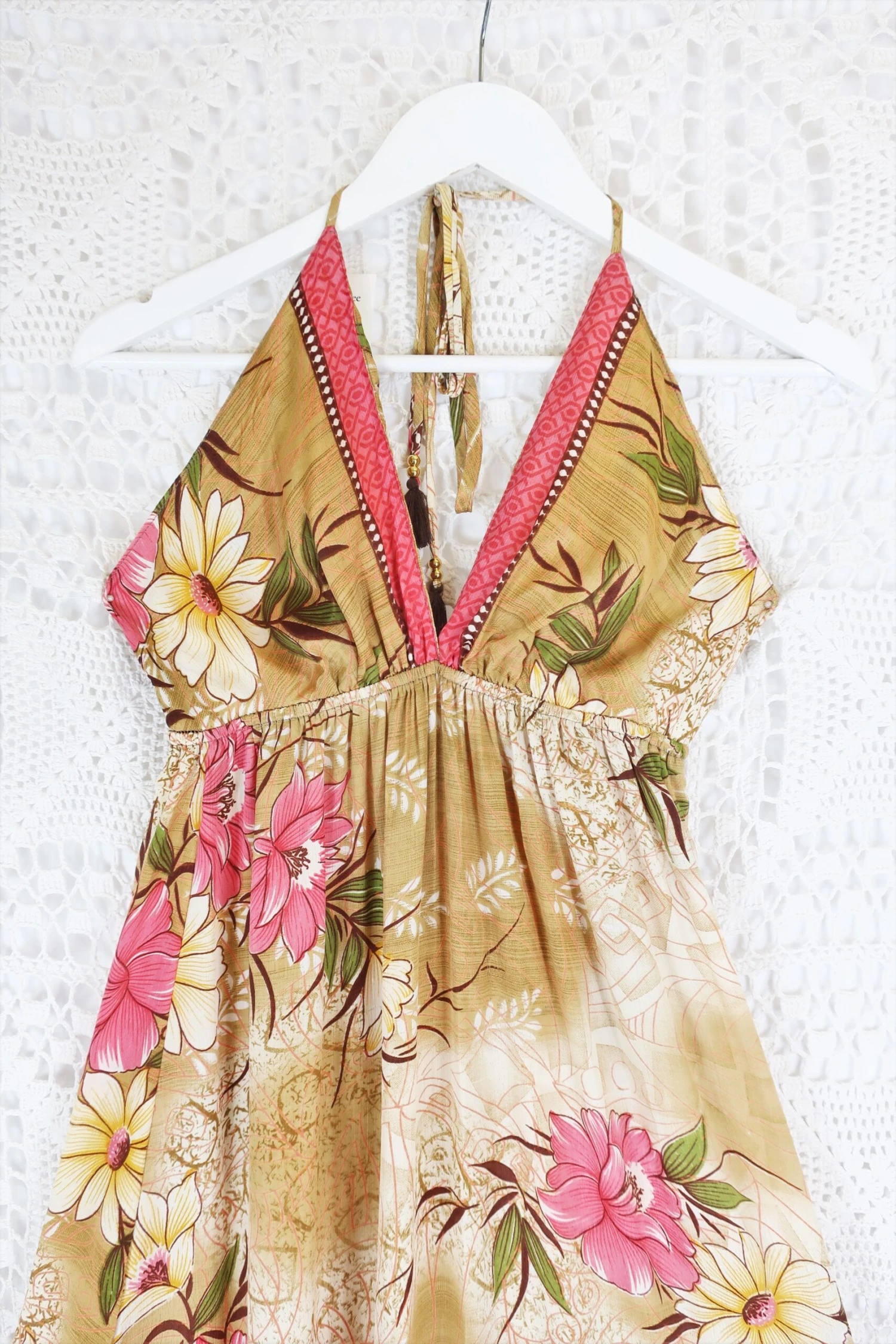 Cherry Mini Halter Dress - Oat & Pink Floral Vintage Sari (Free Size) 2 Cherry Mini Halter Dress - Oat & Pink Floral Vintage Sari (Free Size) - Image 2