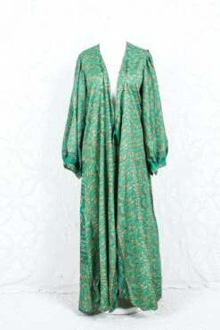 SALE Lola Long Wrap Dress - Vintage Indian Sari - Green & Beige Abstract (XL) -KIKIS Clothing Shop IMG 4046 4d495eef 4768 400b 84ed 9f9c38f4cd37