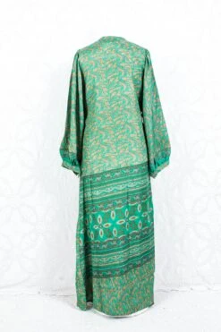 SALE Lola Long Wrap Dress - Vintage Indian Sari - Green & Beige Abstract (XL) -KIKIS Clothing Shop IMG 4048 7b5b859f bbb5 47a5 81f8 4c29aa4c607a