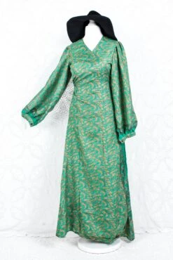 SALE Lola Long Wrap Dress - Vintage Indian Sari - Green & Beige Abstract (XL)