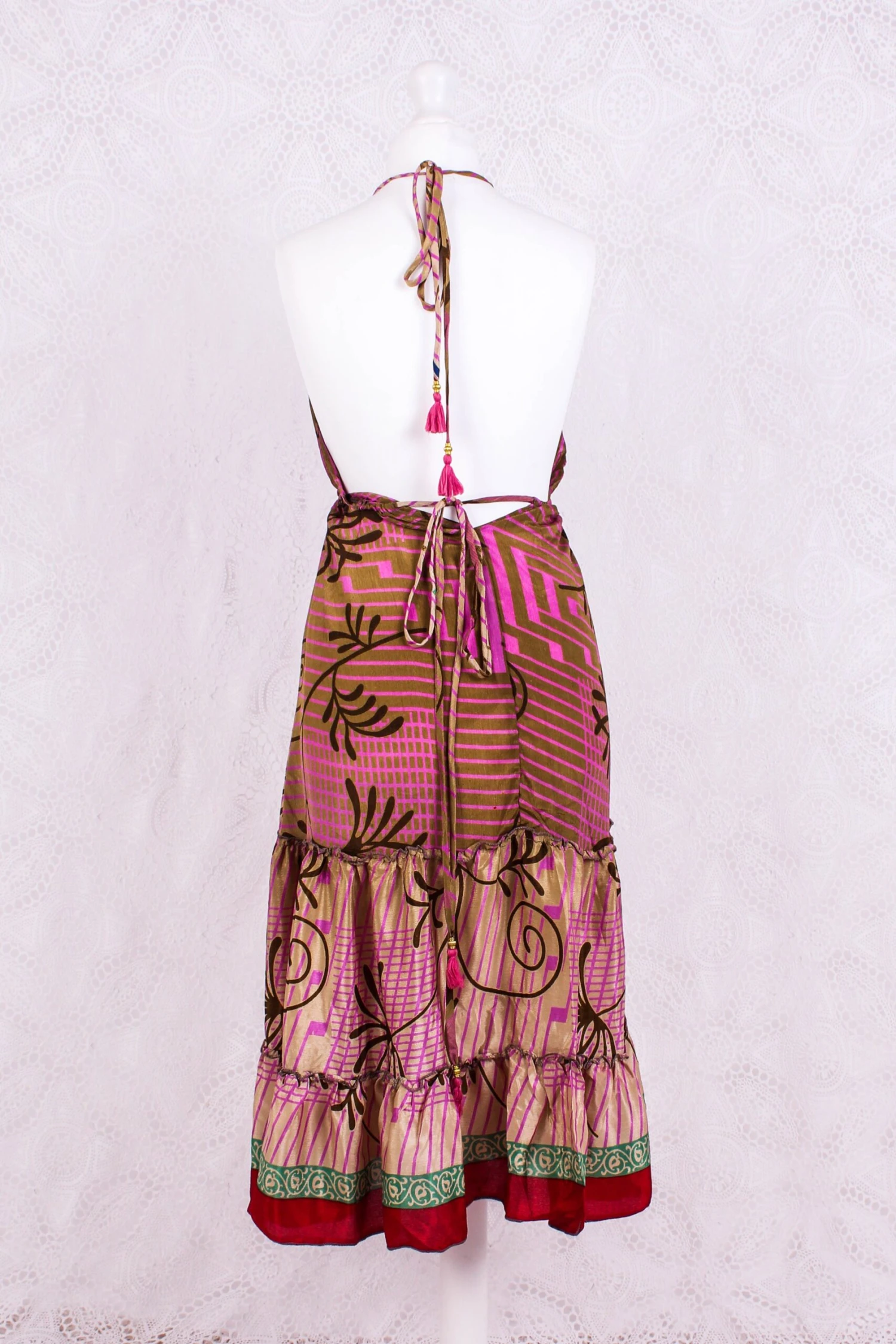 Cherry Mini Halter Dress - Sheer Peanut & Mauve Floral Vintage Sari (Free Size) 3 Cherry Mini Halter Dress - Sheer Peanut & Mauve Floral Vintage Sari (Free Size) - Image 3