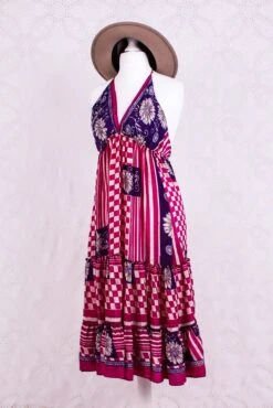 Cherry Mini Halter Dress - Hot Pink & Purple Graphic Vintage Sari (Free Size)