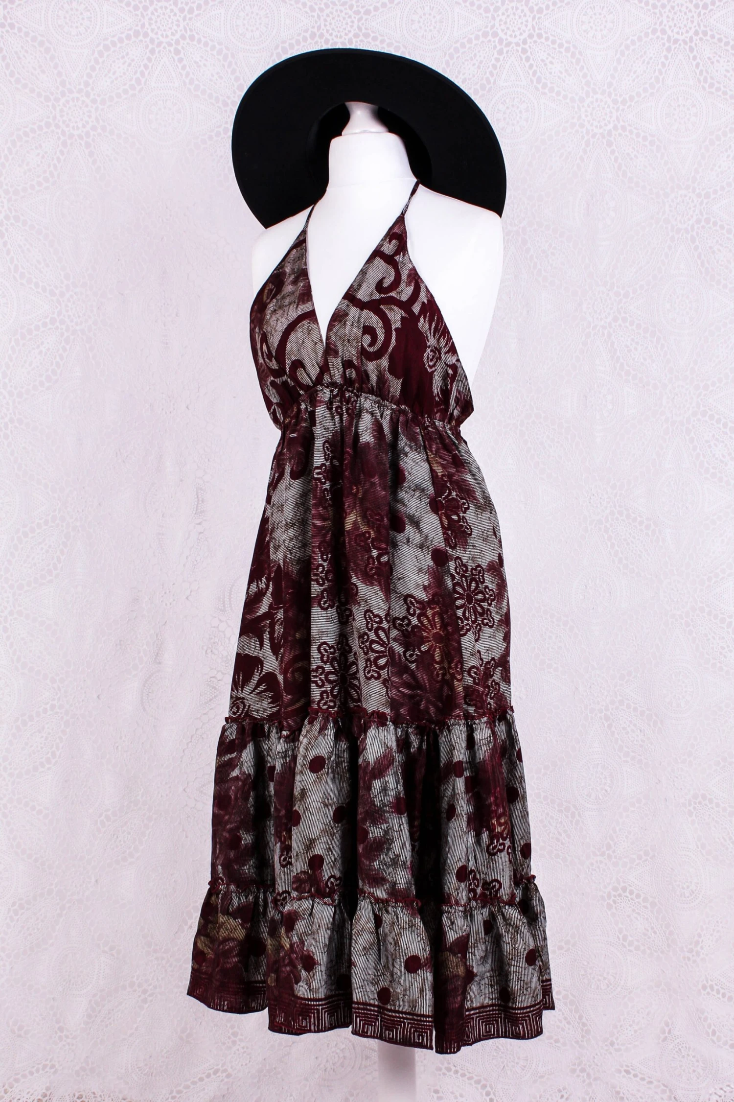 Cherry Mini Halter Dress - Mahogany & Ivory Floral Vintage Sari (Free Size) 1 Cherry Mini Halter Dress - Mahogany & Ivory Floral Vintage Sari (Free Size)