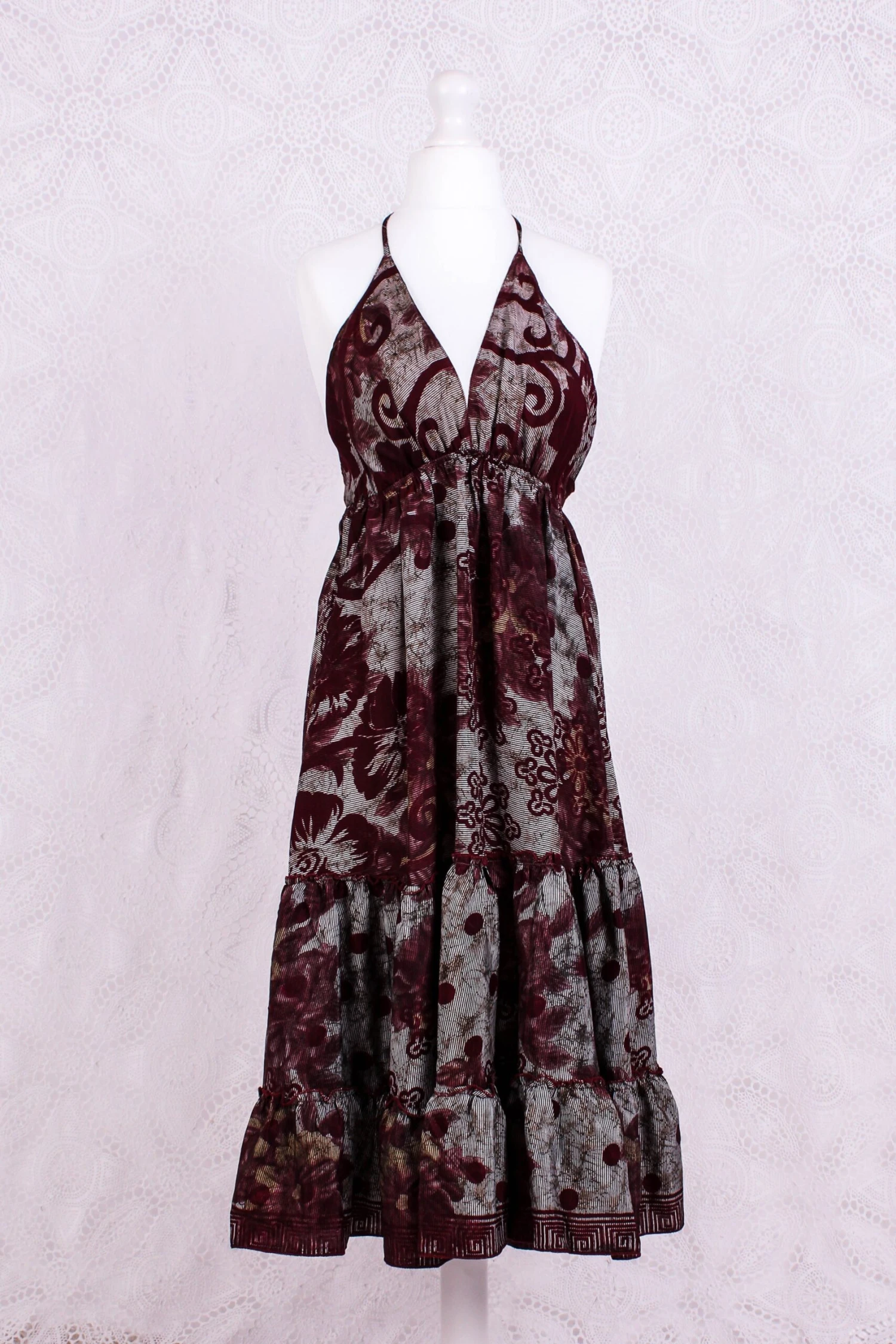 Cherry Mini Halter Dress - Mahogany & Ivory Floral Vintage Sari (Free Size) 2 Cherry Mini Halter Dress - Mahogany & Ivory Floral Vintage Sari (Free Size) - Image 2