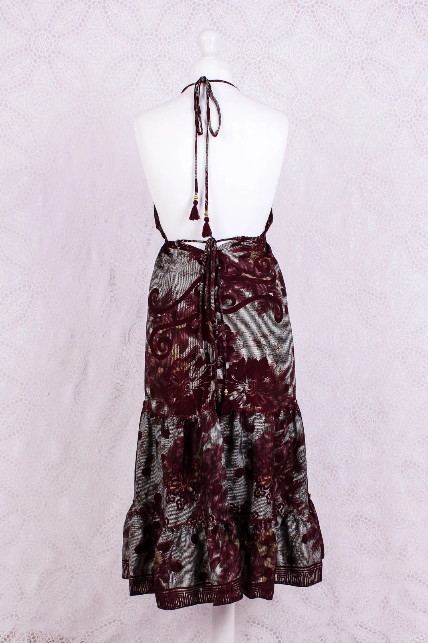 Cherry Mini Halter Dress - Mahogany & Ivory Floral Vintage Sari (Free Size) 3 Cherry Mini Halter Dress - Mahogany & Ivory Floral Vintage Sari (Free Size) - Image 3