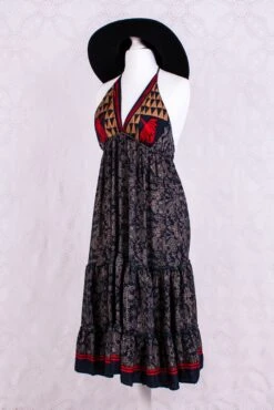 Cherry Mini Halter Dress - Midnight & Gold Illustrations Vintage Sari (Free Size)