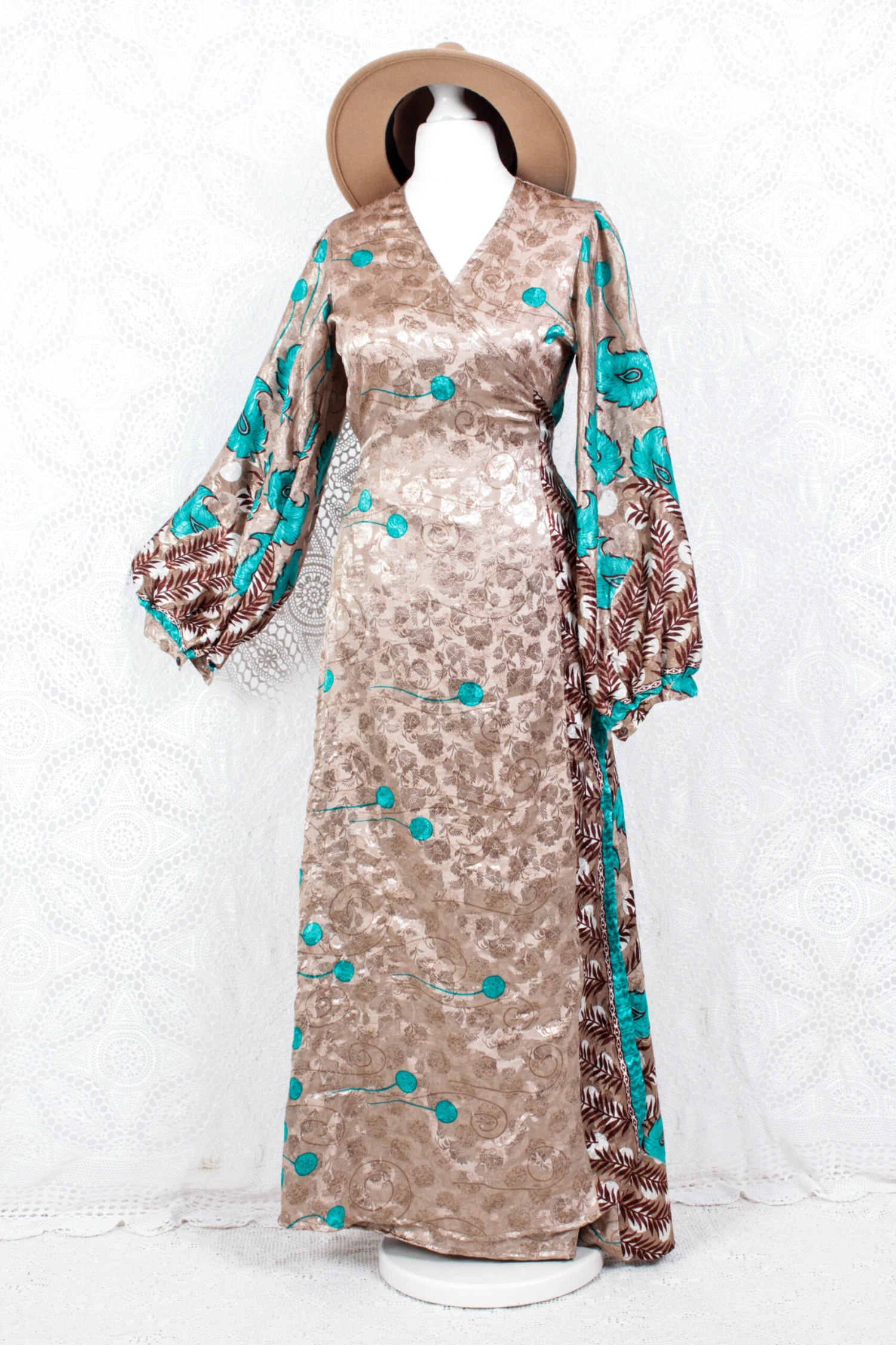 SALE Lola Long Wrap Dress - Vintage Indian Sari - Latte Shimmer Floral (M/L) 1 SALE Lola Long Wrap Dress - Vintage Indian Sari - Latte Shimmer Floral (M/L)