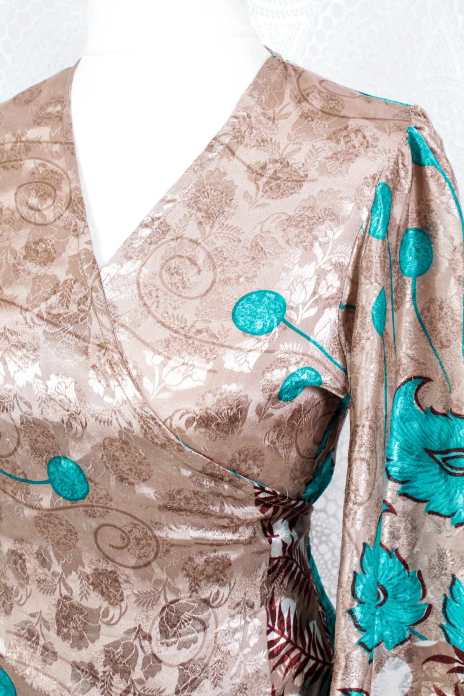 SALE Lola Long Wrap Dress - Vintage Indian Sari - Latte Shimmer Floral (M/L) 2 SALE Lola Long Wrap Dress - Vintage Indian Sari - Latte Shimmer Floral (M/L) - Image 2