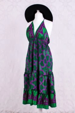 Cherry Mini Halter Dress - Green & Purple Shimmer Vintage Sari (Free Size)