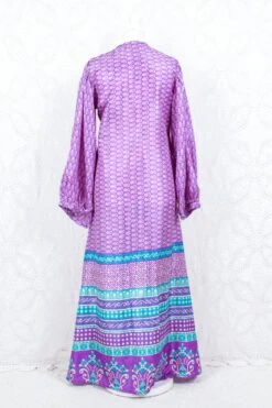 SALE Lola Long Wrap Dress - Vintage Indian Sari - Violet & Cream Paisley (XL) -KIKIS Clothing Shop IMG 4376