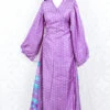 SALE Lola Long Wrap Dress - Vintage Indian Sari - Violet & Cream Paisley (XL)