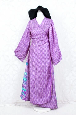 SALE Lola Long Wrap Dress - Vintage Indian Sari - Violet & Cream Paisley (XL)