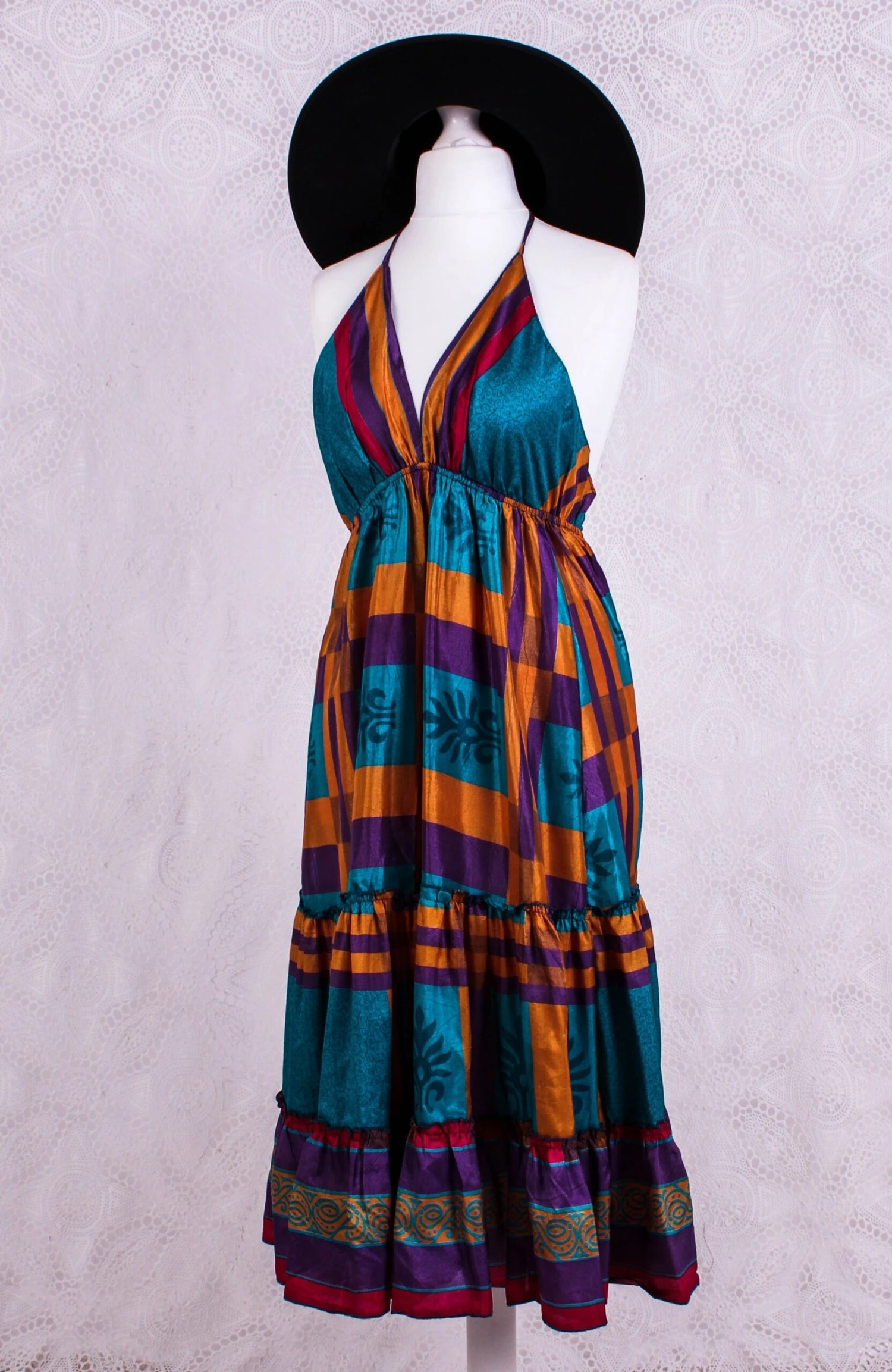 Cherry Mini Halter Dress - Blue & Purple Graphic Vintage Sari (Free Size) 1 Cherry Mini Halter Dress - Blue & Purple Graphic Vintage Sari (Free Size)