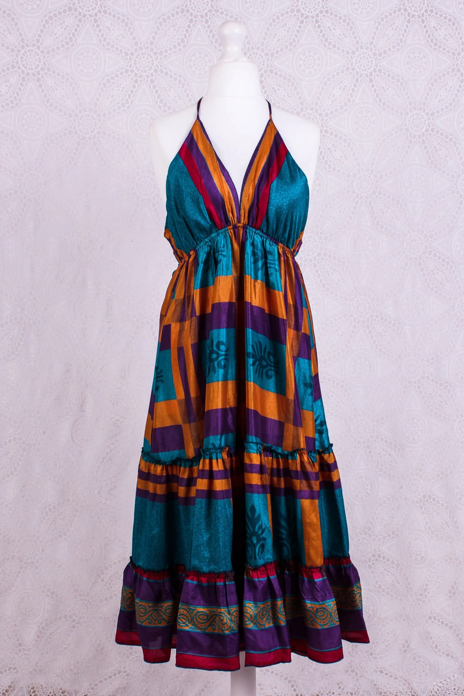 Cherry Mini Halter Dress - Blue & Purple Graphic Vintage Sari (Free Size) 2 Cherry Mini Halter Dress - Blue & Purple Graphic Vintage Sari (Free Size) - Image 2