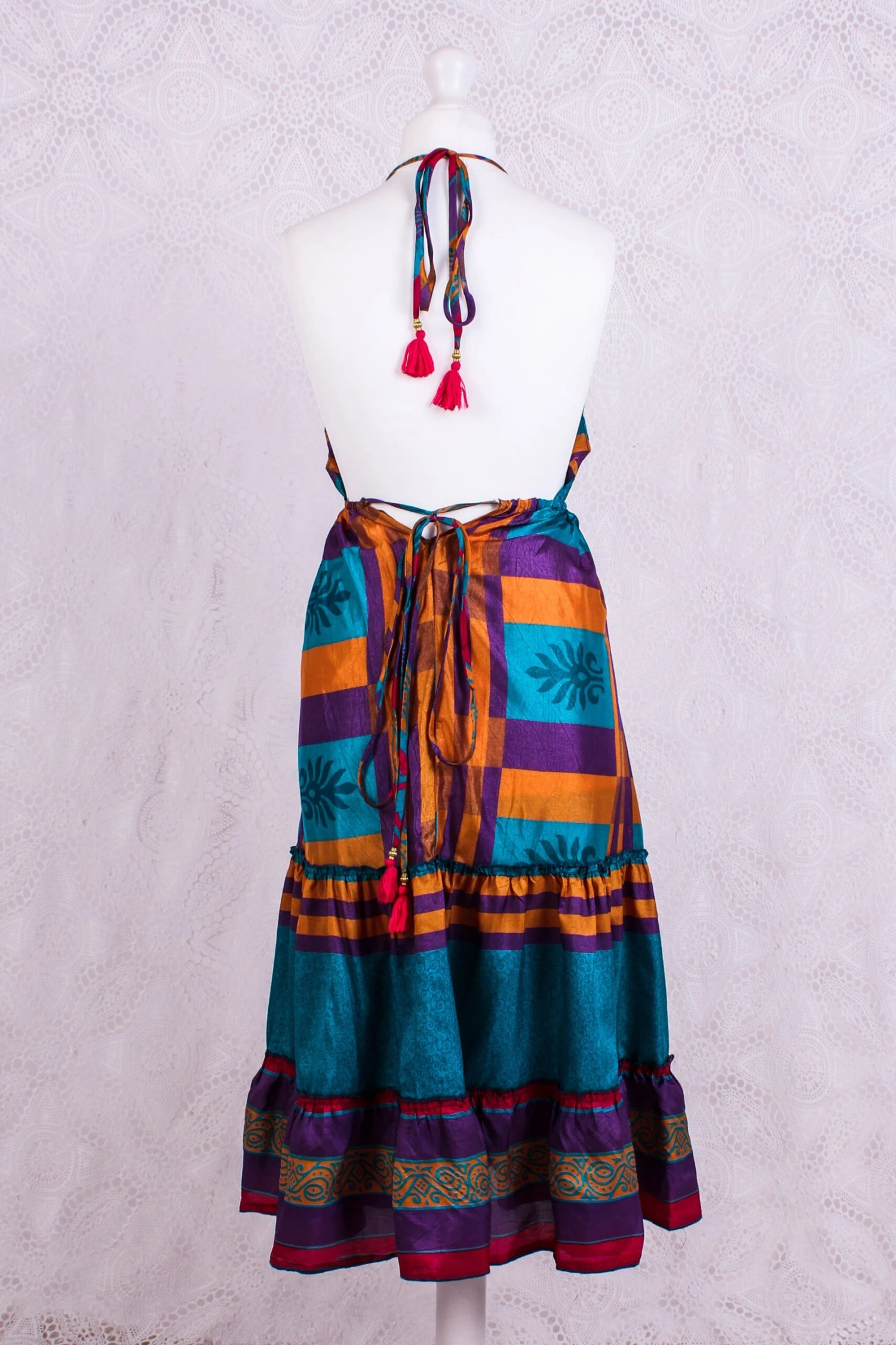 Cherry Mini Halter Dress - Blue & Purple Graphic Vintage Sari (Free Size) 3 Cherry Mini Halter Dress - Blue & Purple Graphic Vintage Sari (Free Size) - Image 3