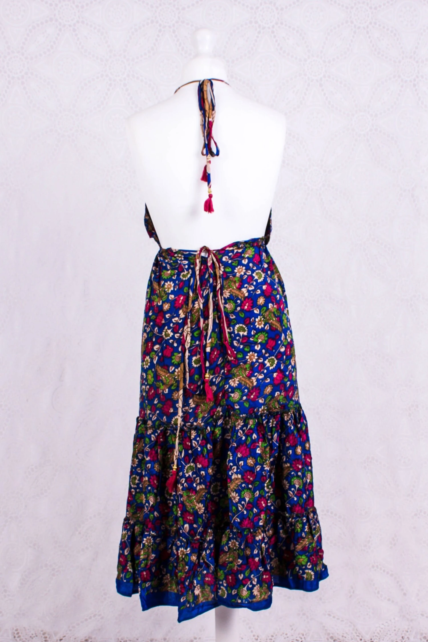 Cherry Mini Halter Dress - Royal Blue Floral Vintage Sari (Free Size) 3 Cherry Mini Halter Dress - Royal Blue Floral Vintage Sari (Free Size) - Image 3