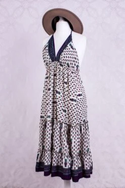 Cherry Mini Halter Dress - Cream Purple & Pink Vintage Sari (Free Size)