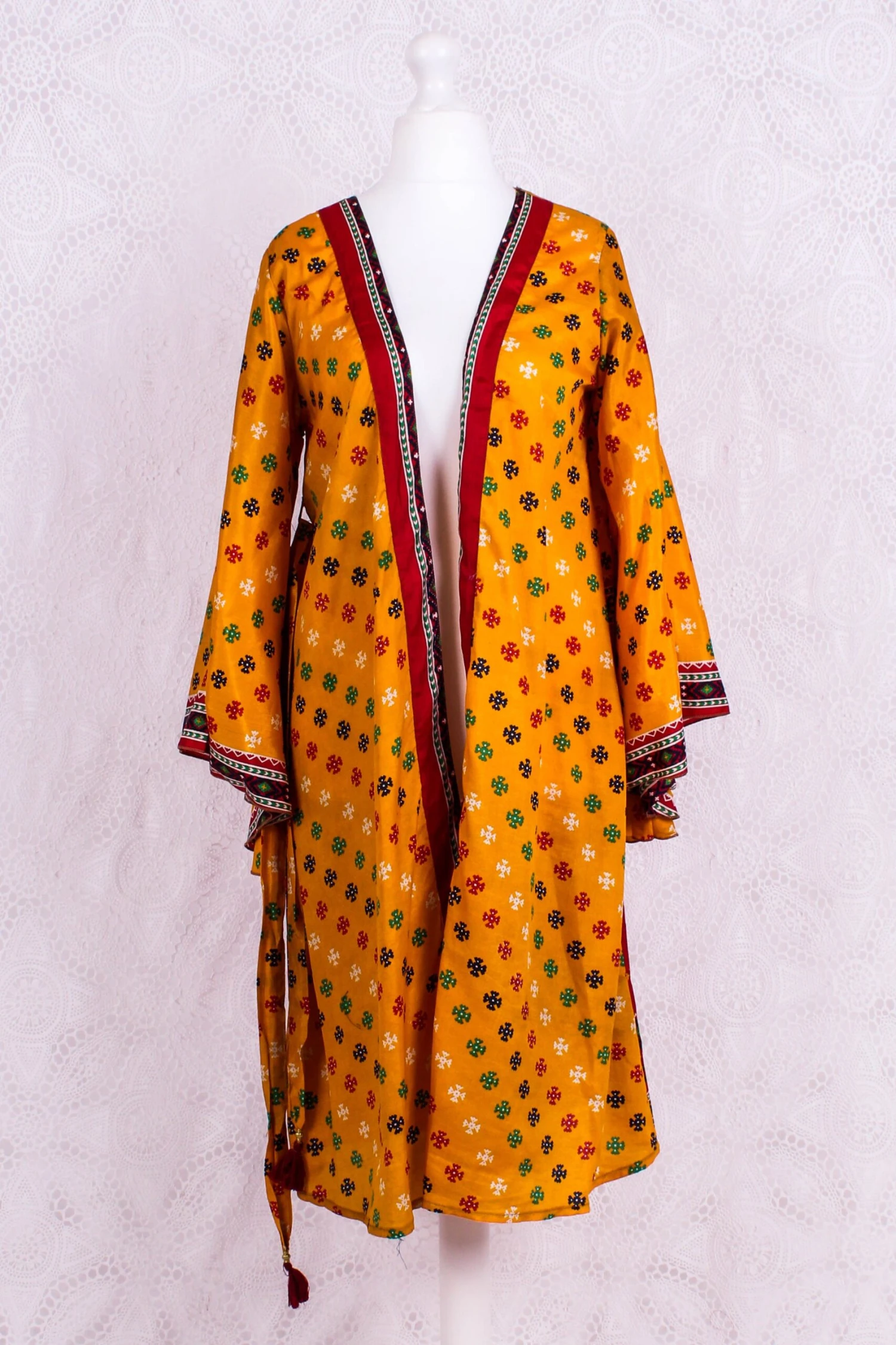 Gemini Bell Sleeve Midi Kimono/Dress - Marigold Yellow Vintage Sari - Size S/M 2 Gemini Bell Sleeve Midi Kimono/Dress - Marigold Yellow Vintage Sari - Size S/M - Image 2