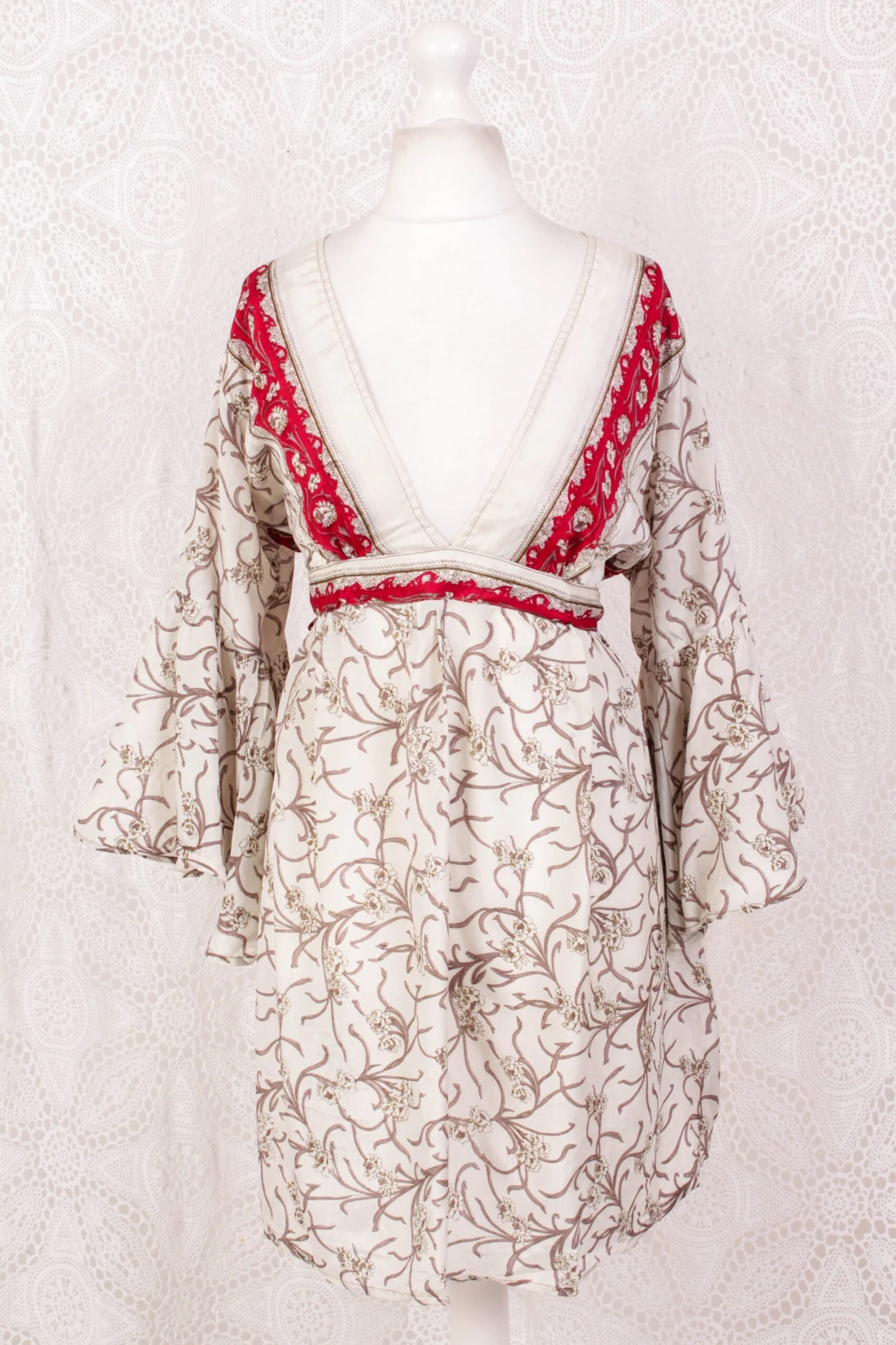 Pansy Mini Dress - Indian Sari - Circular Flounce Sleeve - Jasmine & Crimson Floral - Free Size M/L 3 Pansy Mini Dress - Indian Sari - Circular Flounce Sleeve - Jasmine & Crimson Floral - Free Size M/L - Image 3