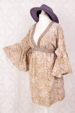 Pansy Mini Dress - Indian Sari - Circular Flounce Sleeve - Lily & Sandstone With Shisha Embroidery - Free Size M/L