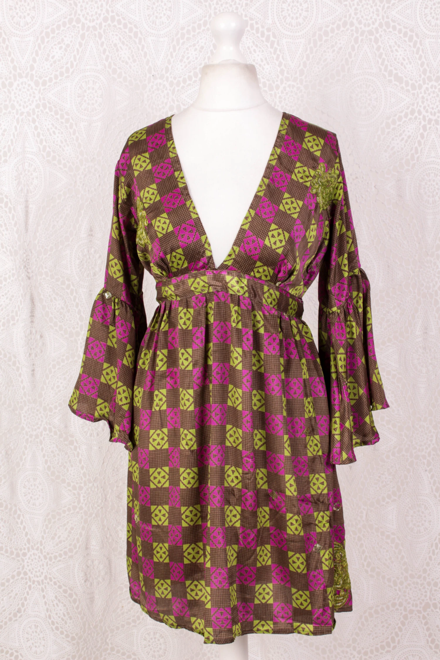 Pansy Mini Dress - Indian Sari - Circular Flounce Sleeve - Chequered Embellished Deep Magenta & Lime - Free Size S/M 3 Pansy Mini Dress - Indian Sari - Circular Flounce Sleeve - Chequered Embellished Deep Magenta & Lime - Free Size S/M - Image 3