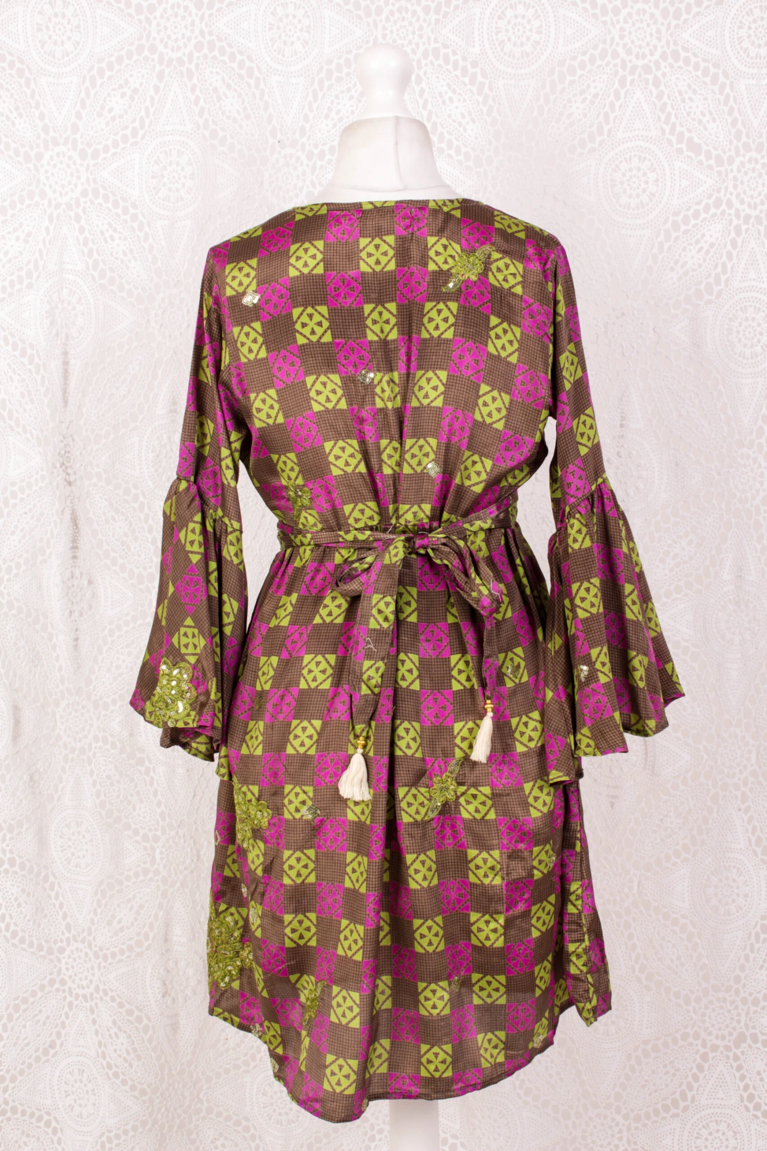Pansy Mini Dress - Indian Sari - Circular Flounce Sleeve - Chequered Embellished Deep Magenta & Lime - Free Size S/M 4 Pansy Mini Dress - Indian Sari - Circular Flounce Sleeve - Chequered Embellished Deep Magenta & Lime - Free Size S/M - Image 4