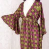 Pansy Mini Dress - Indian Sari - Circular Flounce Sleeve - Chequered Embellished Deep Magenta & Lime - Free Size S/M
