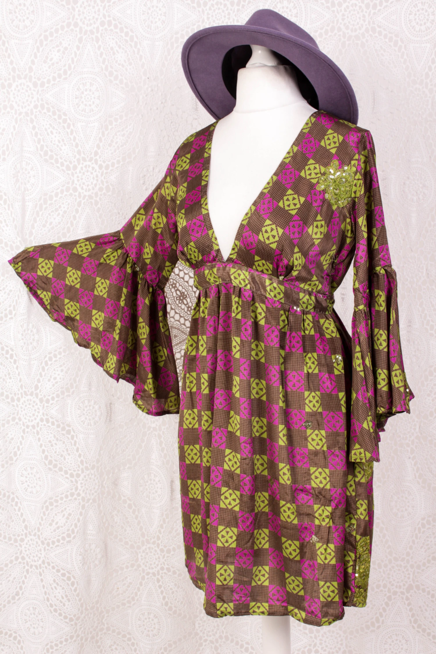 Pansy Mini Dress - Indian Sari - Circular Flounce Sleeve - Chequered Embellished Deep Magenta & Lime - Free Size S/M 1 Pansy Mini Dress - Indian Sari - Circular Flounce Sleeve - Chequered Embellished Deep Magenta & Lime - Free Size S/M