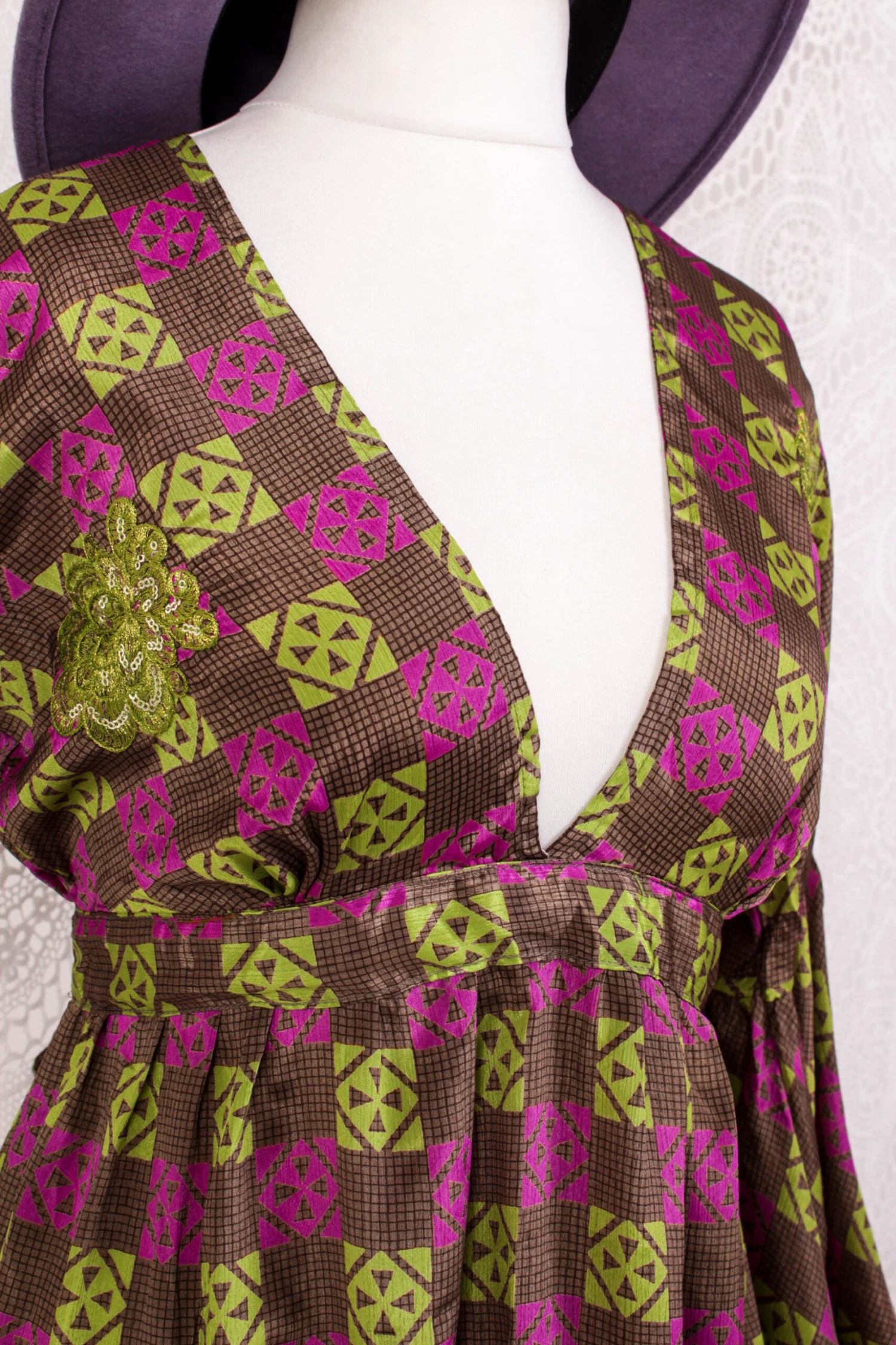 Pansy Mini Dress - Indian Sari - Circular Flounce Sleeve - Chequered Embellished Deep Magenta & Lime - Free Size S/M 2 Pansy Mini Dress - Indian Sari - Circular Flounce Sleeve - Chequered Embellished Deep Magenta & Lime - Free Size S/M - Image 2