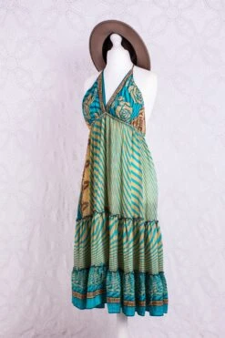 Cherry Mini Halter Dress - Sheer Turquoise & Gold Vintage Sari (Free Size)
