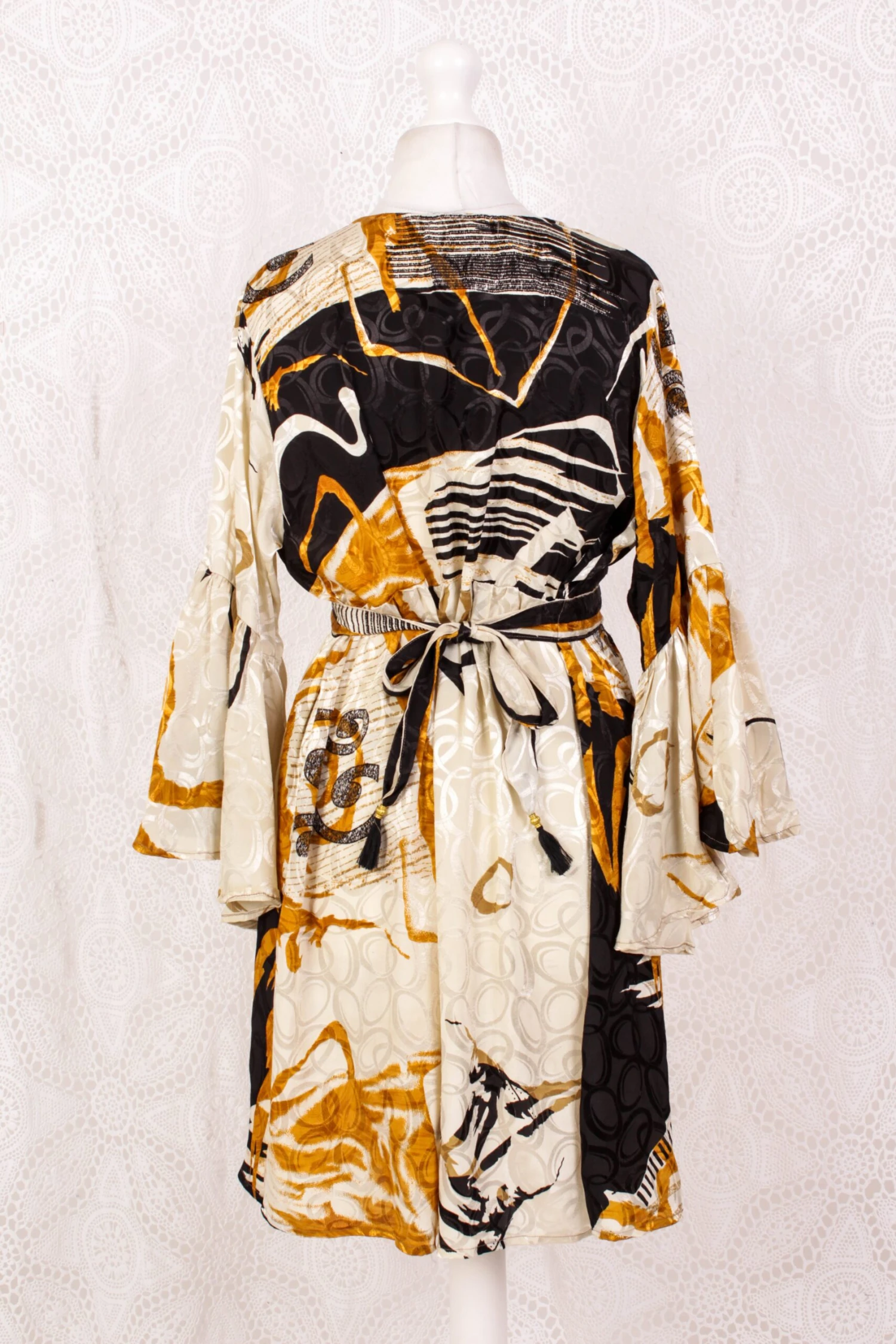 Pansy Mini Dress - Indian Sari - Circular Flounce Sleeve - Ivory, Honey & Raven Brushstroke Shimmer - Free Size M/L 4 Pansy Mini Dress - Indian Sari - Circular Flounce Sleeve - Ivory, Honey & Raven Brushstroke Shimmer - Free Size M/L - Image 4