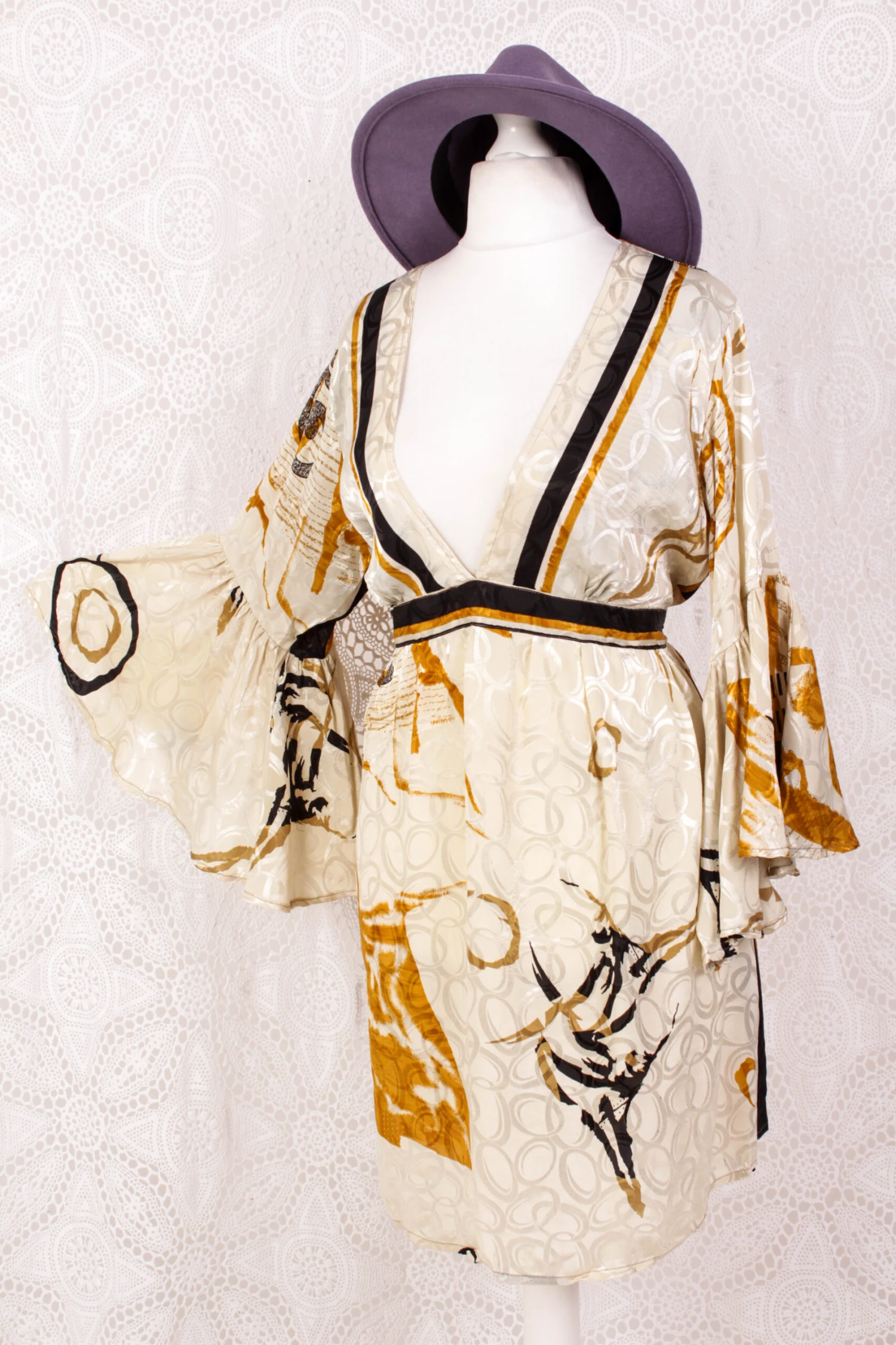 Pansy Mini Dress - Indian Sari - Circular Flounce Sleeve - Ivory, Honey & Raven Brushstroke Shimmer - Free Size M/L 1 Pansy Mini Dress - Indian Sari - Circular Flounce Sleeve - Ivory, Honey & Raven Brushstroke Shimmer - Free Size M/L