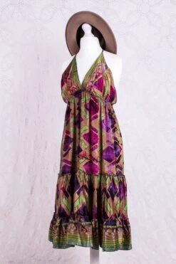 Cherry Mini Halter Dress - Amethyst, Gold & Lime Graphic Vintage Sari (Free Size)