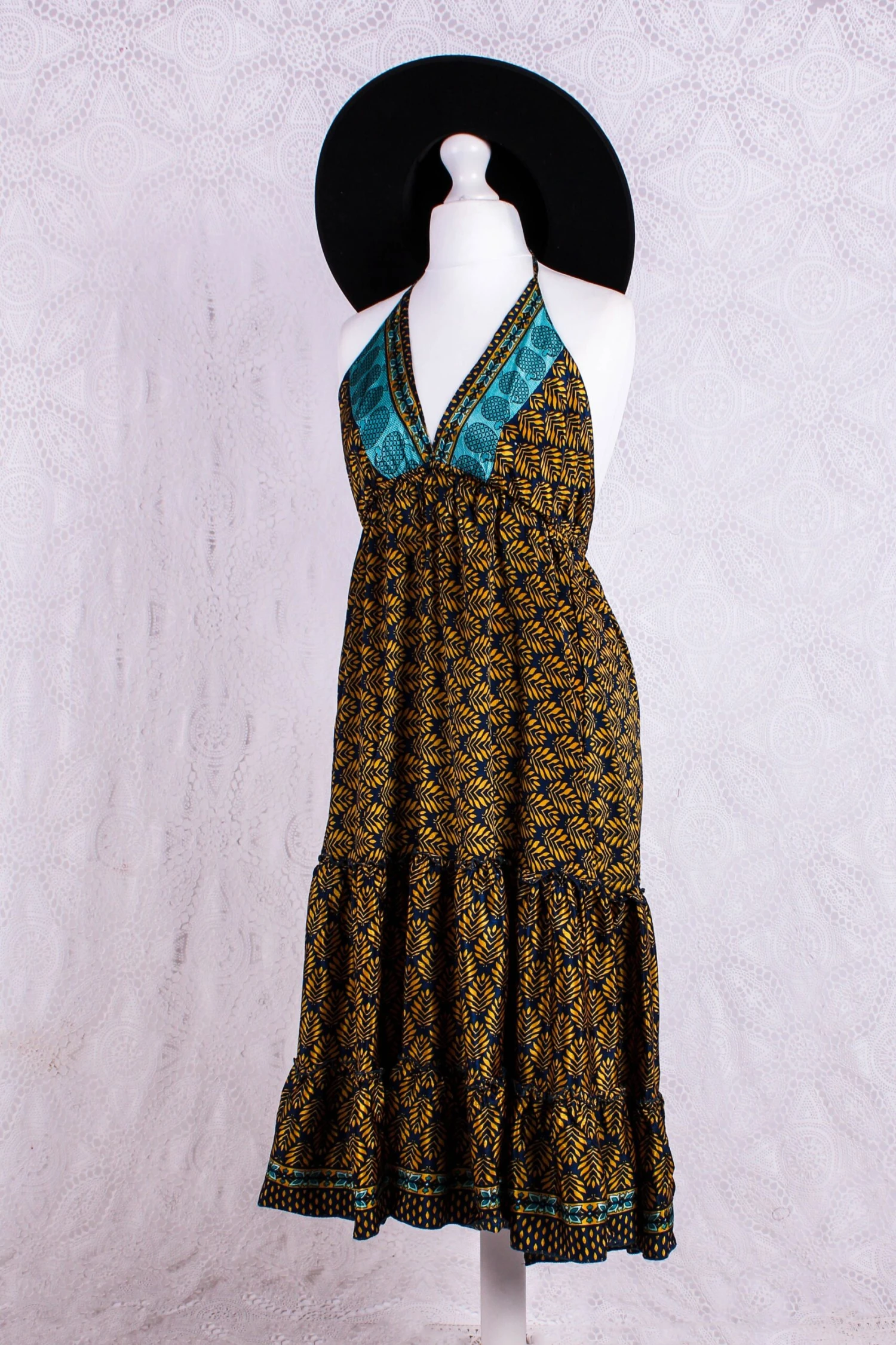 Cherry Mini Halter Dress - Navy & Yellow Gold Vintage Sari (Free Size) 1 Cherry Mini Halter Dress - Navy & Yellow Gold Vintage Sari (Free Size)