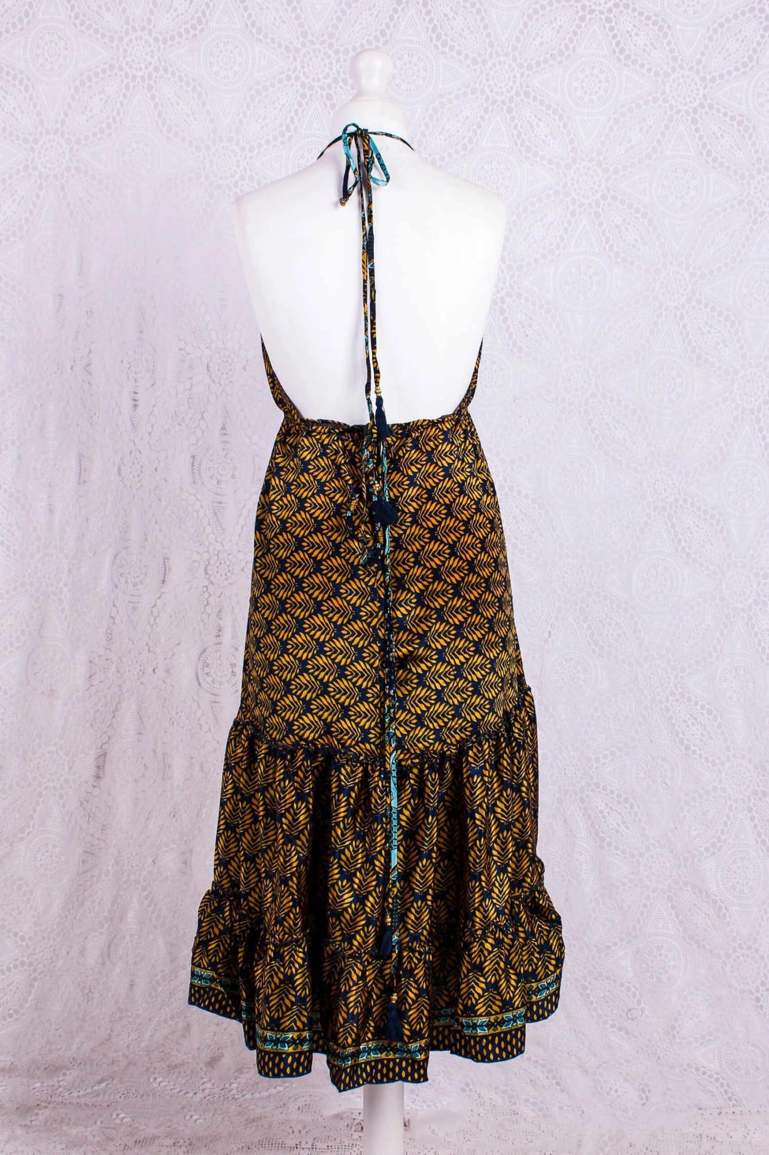 Cherry Mini Halter Dress - Navy & Yellow Gold Vintage Sari (Free Size) 3 Cherry Mini Halter Dress - Navy & Yellow Gold Vintage Sari (Free Size) - Image 3