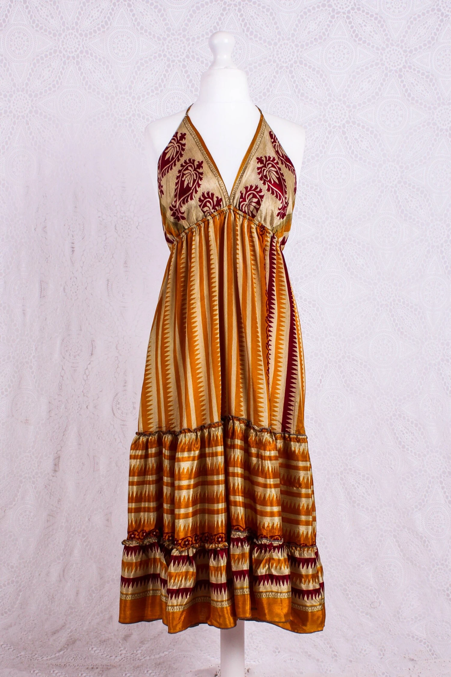 Cherry Mini Halter Dress - Turmeric & Wine Geometric Vintage Sari (Free Size) 2 Cherry Mini Halter Dress - Turmeric & Wine Geometric Vintage Sari (Free Size) - Image 2