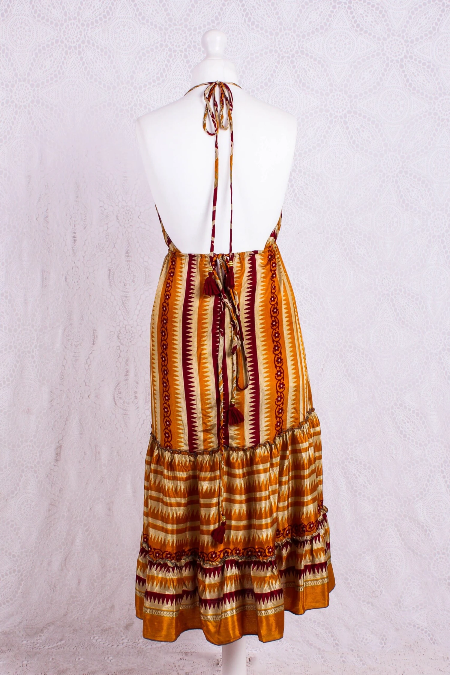Cherry Mini Halter Dress - Turmeric & Wine Geometric Vintage Sari (Free Size) 3 Cherry Mini Halter Dress - Turmeric & Wine Geometric Vintage Sari (Free Size) - Image 3