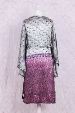 Gemini Bell Sleeve Midi Kimono/Dress - White & Mauve Shimmer Vintage Sari - Size S/M -KIKIS Clothing Shop IMG 5060