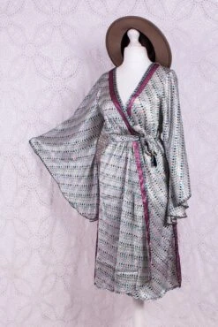 Gemini Bell Sleeve Midi Kimono/Dress - White & Mauve Shimmer Vintage Sari - Size S/M
